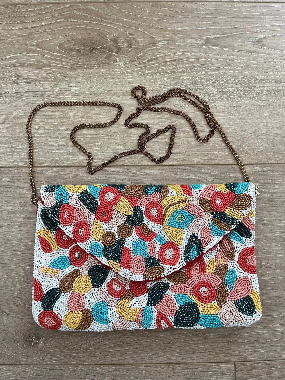 Beaded Floral Multicolor Envelope Clutch with Chain Strap